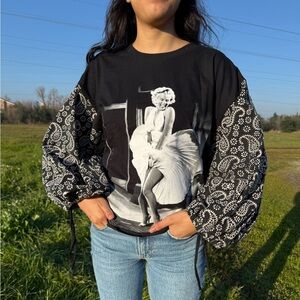 Upcycled Marilyn Monroe graphic tee with paisley balloon sleeves